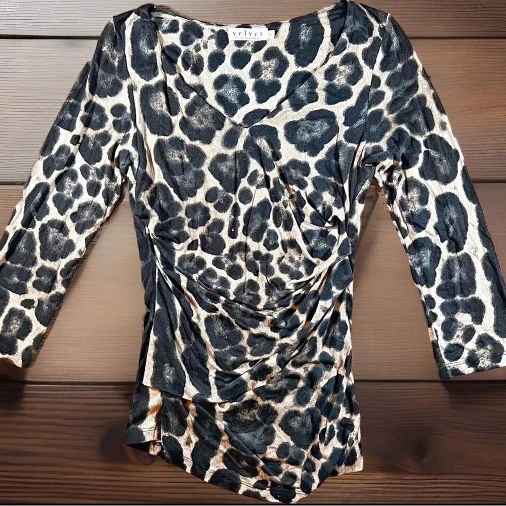 VELVET GRAHAM & SPENCER Blouse Womens Small Leopard Draped Lined V-Neck Wrap NEW